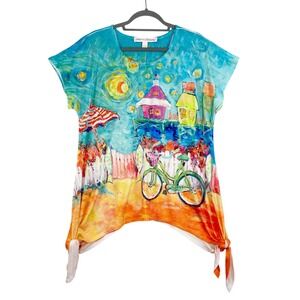 Leoma Lovegrove Tunic Top Women's L Abstract Art Bicycle Beach Houses Colorful